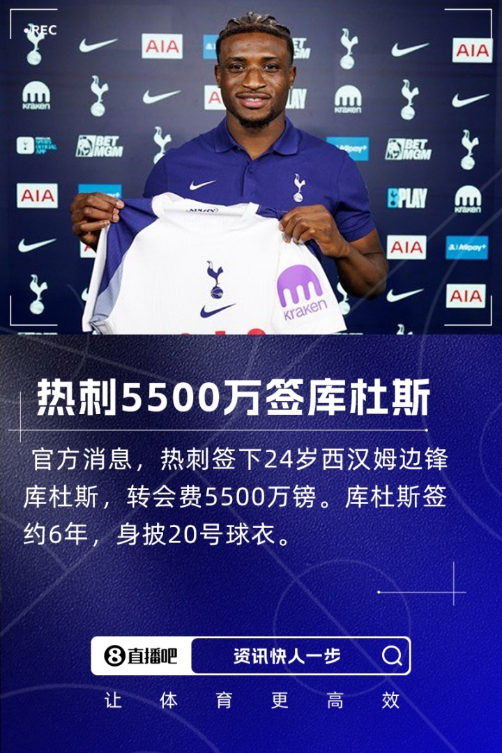猛將加盟！官方：熱刺簽下西漢姆邊鋒庫杜斯，轉(zhuǎn)會費5500萬鎊